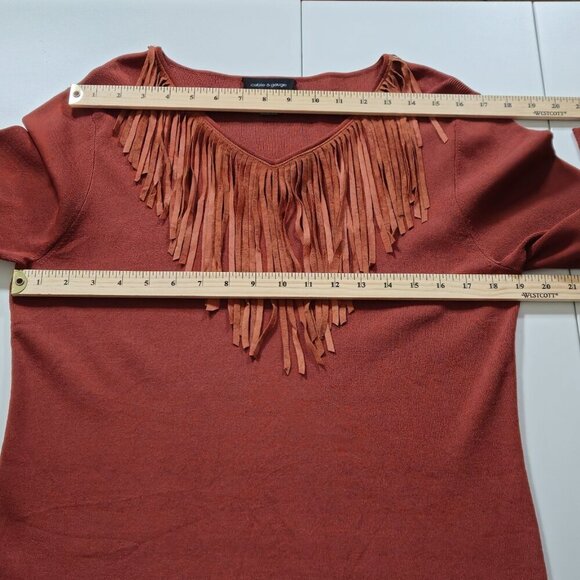 Cable & Gauge Knit Top Women XL Burnt Orange LS Suede Fringe V Neck Western Boho - Picture 4 of 14